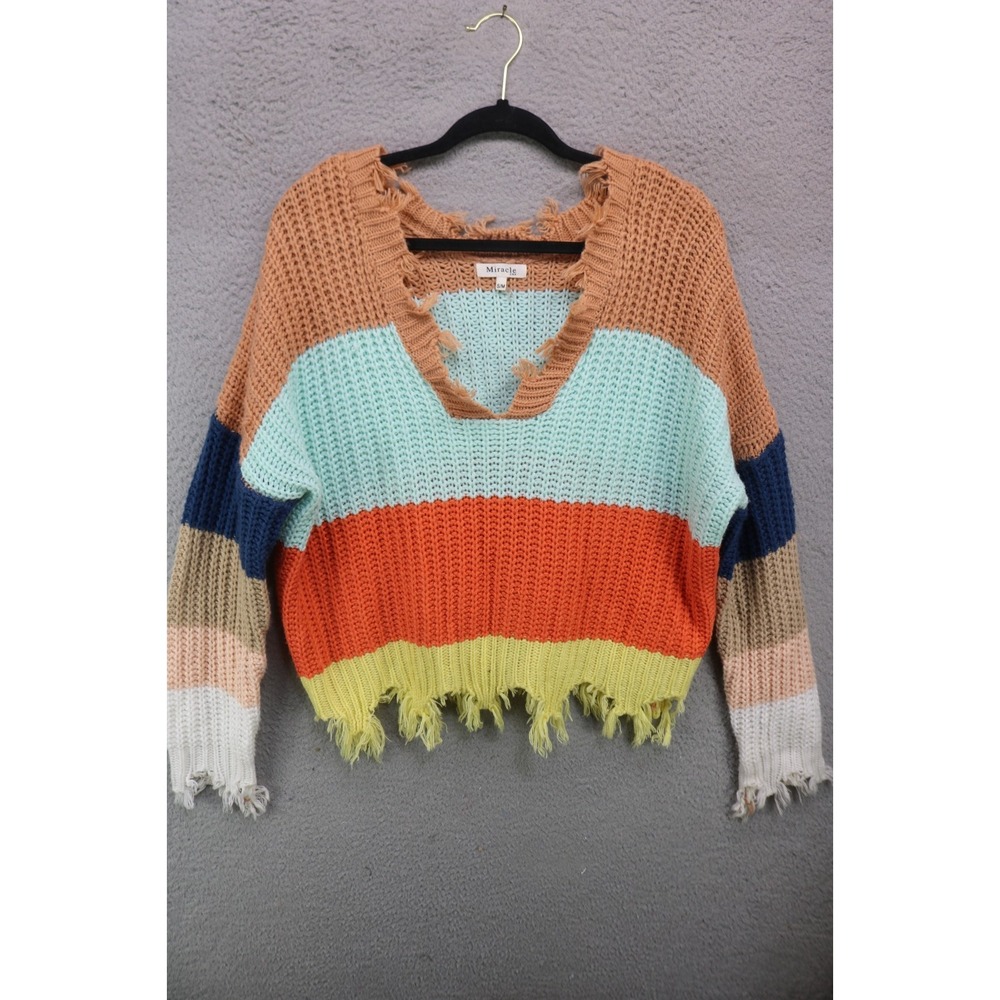 Miracle Long Sleeve Crochet Fringed Rainbow Sweater-S/M-Colorblock-Boho
